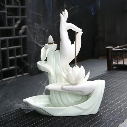 Fontaine d’Encens Main de Bouddha Lotus - Céramique Blanche ENCENSORIA