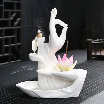 Fontaine d’Encens Main de Bouddha Lotus - Céramique Blanche ENCENSORIA