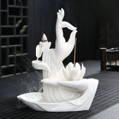 Fontaine d’Encens Main de Bouddha Lotus - Céramique Blanche ENCENSORIA