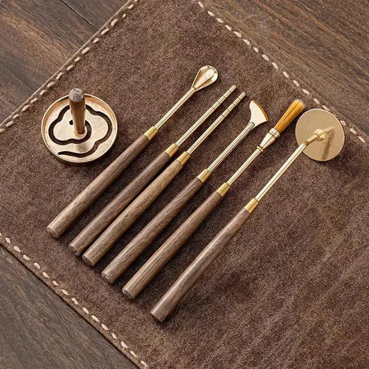 Kit outils encens alliage bronze vieilli, pinceau spatule et sceau pour rituel zen 25cm