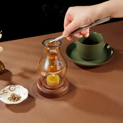 Accessoire aromathérapie verre et bois rustique, diffusion douce herbes résines et cires