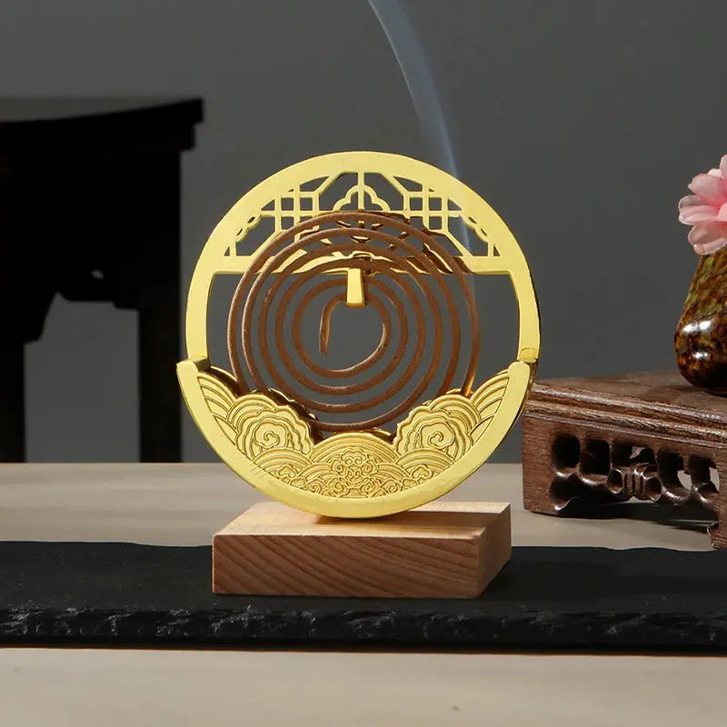 Accessoire encens spirale rétro métal et bois massif, décoration zen bureau méditation