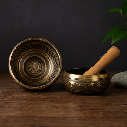 Bol tibétain chantant en métal gravé avec symbole Dharmachakra et écriture, accompagné de son maillet en bois, posé sur table en bois sombre avec fond ardoise