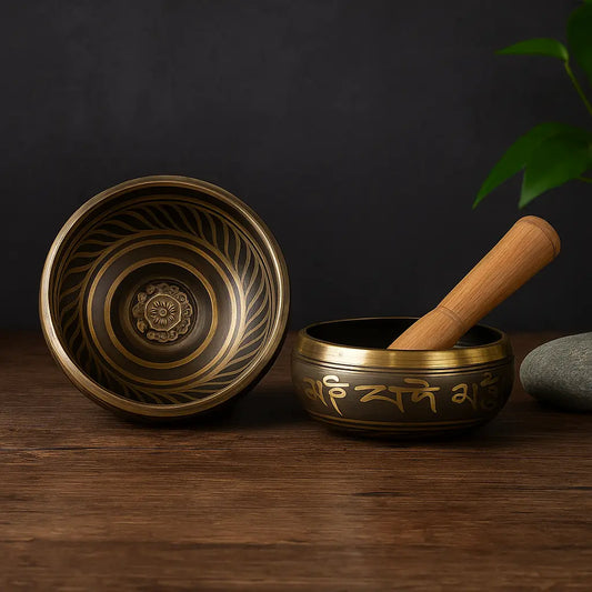 Bol tibétain chantant en métal gravé avec symbole Dharmachakra et écriture, accompagné de son maillet en bois, posé sur table en bois sombre avec fond ardoise