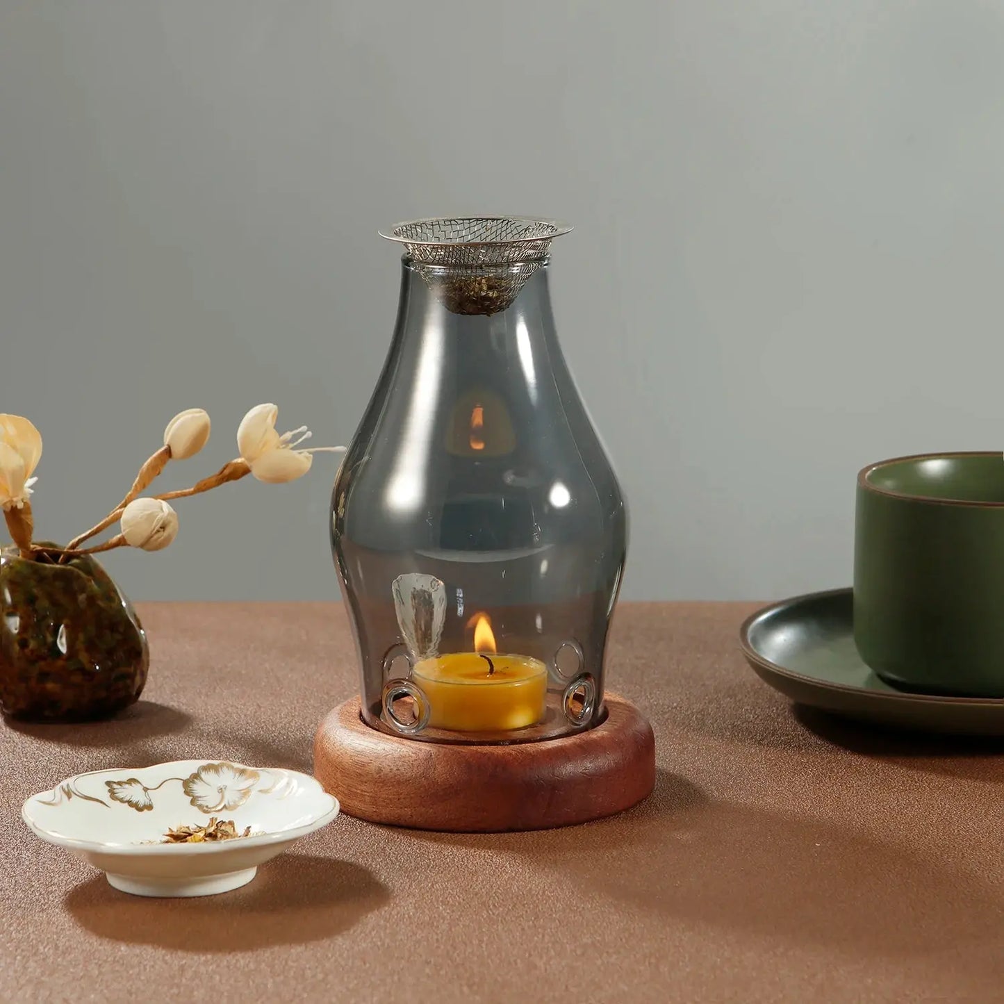 Brûle-parfum verre bois et métal naturel, diffusion douce sans électricité huiles essentielles