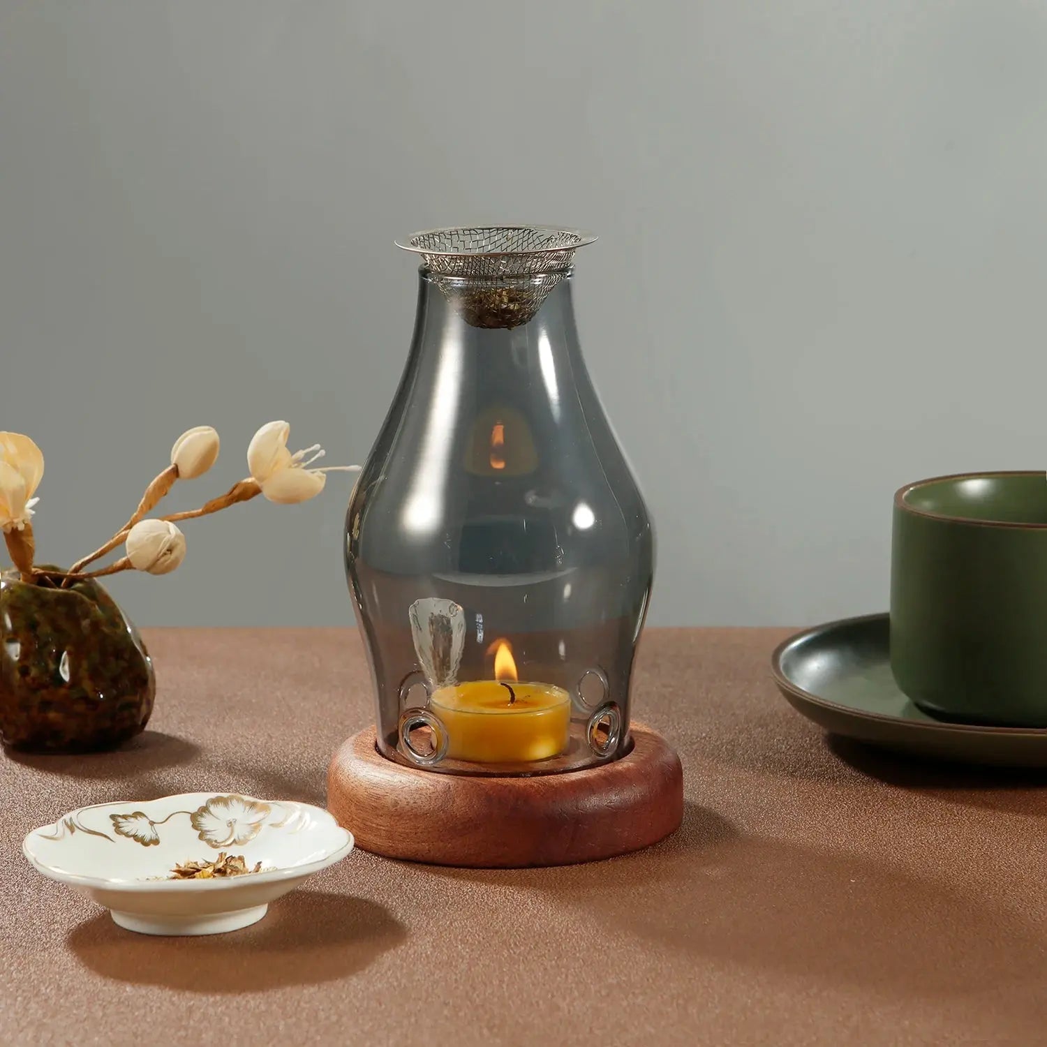 Brûle-parfum verre bois et métal naturel, diffusion douce sans électricité huiles essentielles