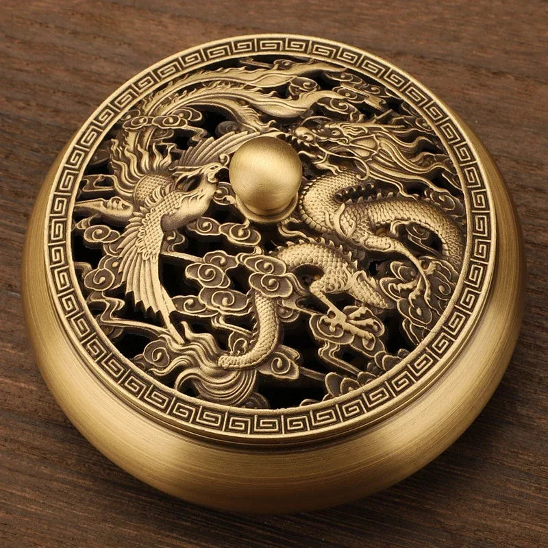 Brûleur d’encens Dragon Phénix en cuivre massif.