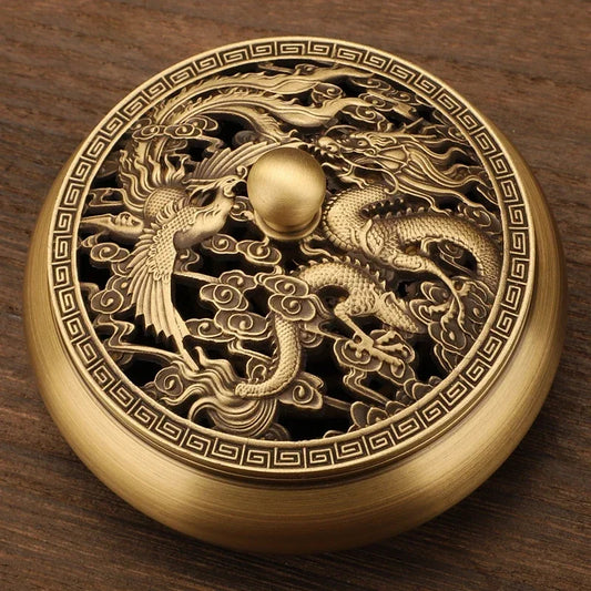 Brûleur d’encens Dragon Phénix en cuivre massif.