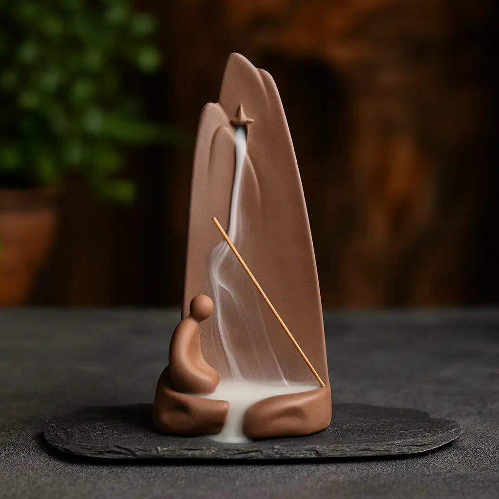Brûleur d'encens en céramique représentant un moine méditant, fumée en cascade et support pour bâton d'encens, décor zen et apaisant