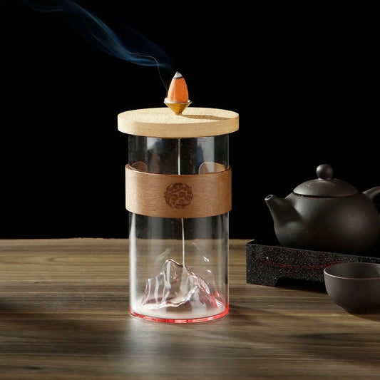 Brûleur encens reflux montagne enneigée en verre transparent, effet cascade cônes méditation