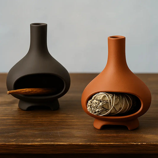 Brûleur à sauge en terre cuite, design minimaliste, posé sur une table en bois