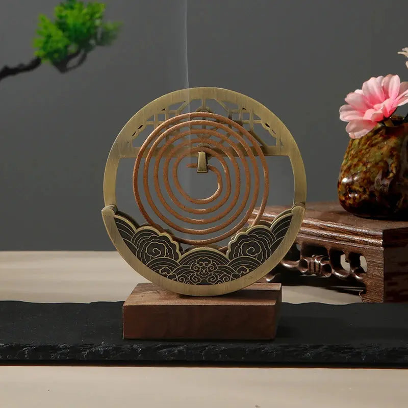 Brûleur spirale encens en métal et bois massif style rétro chinois, or brillant ou bronze