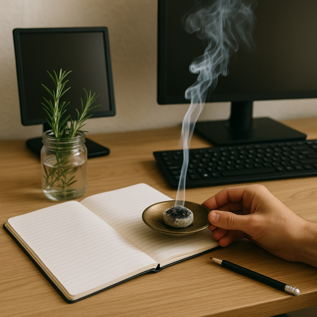 Fumigation de myrrhe et romarin sur un bureau pour favoriser la clarté mentale et la concentration