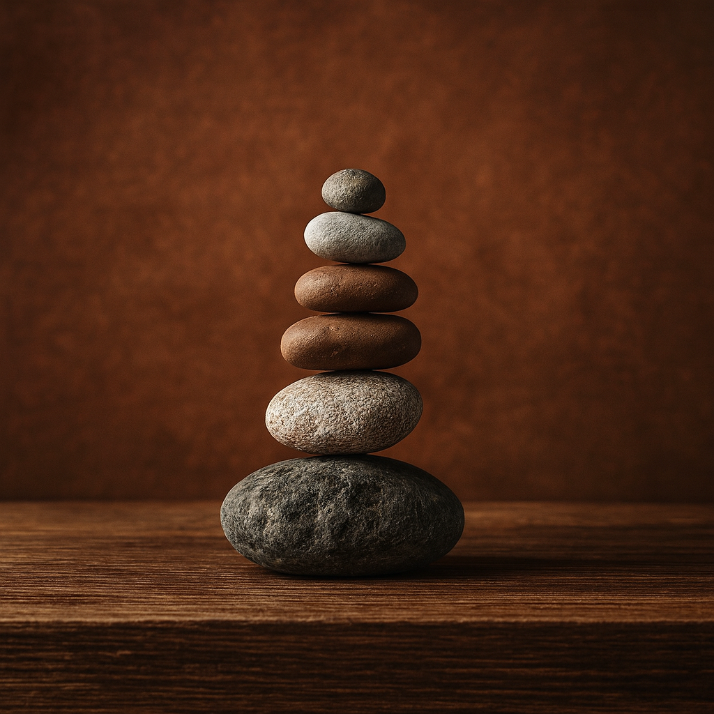 Cairn zen composé de cinq pierres équilibrées sur une surface en bois, fond brun chaleureux et ambiance méditative