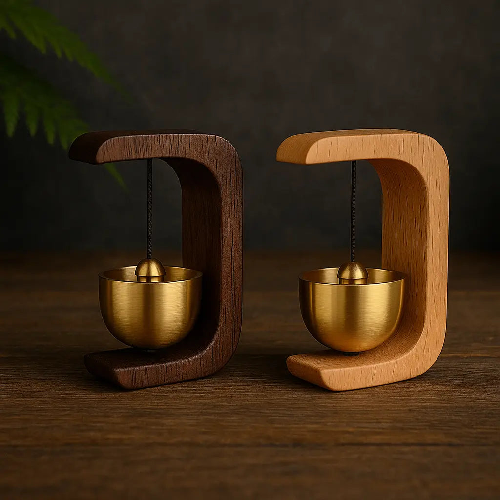 Deux cloches zen en laiton suspendues dans des supports en bois clair et foncé, posées sur une table en bois sombre avec fond ardoise