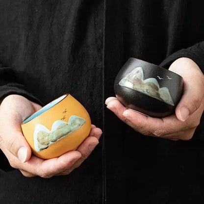 Coffret cadeau tasses céramique zen artisanal, 3 finitions distinctes style chinois traditionnel