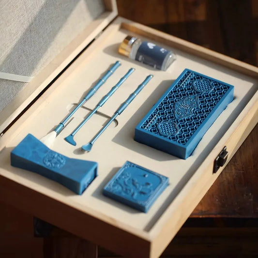 Coffret encens en cuivre bleu 9 pièces