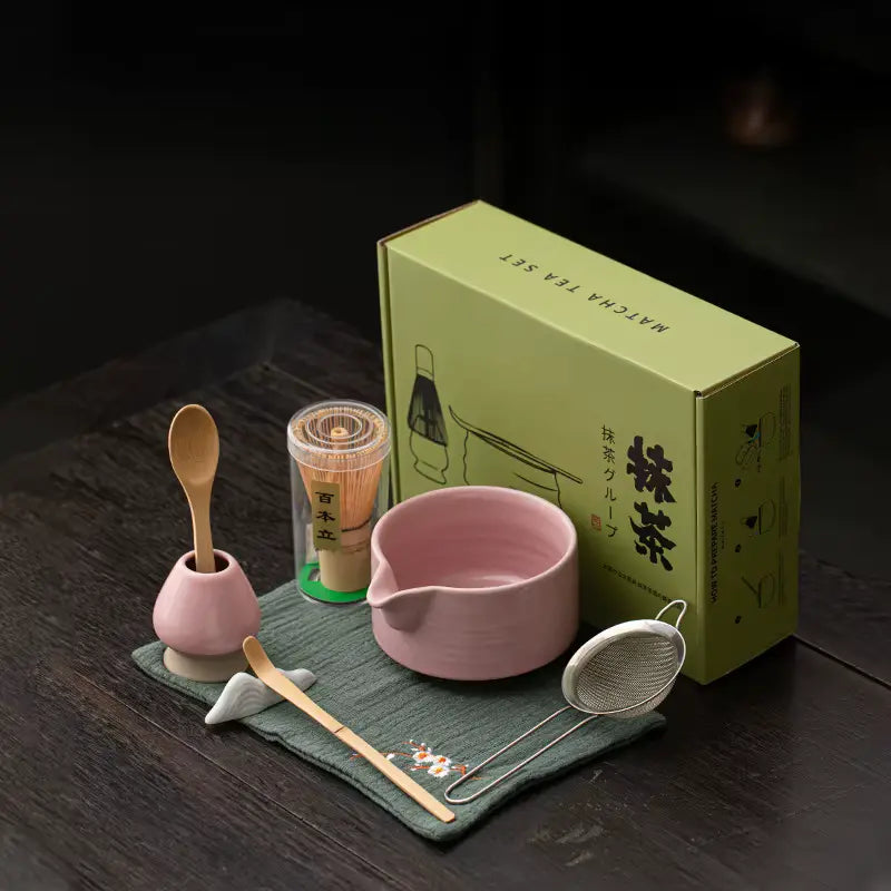 Coffret matcha japonais bol rose et fouet bambou