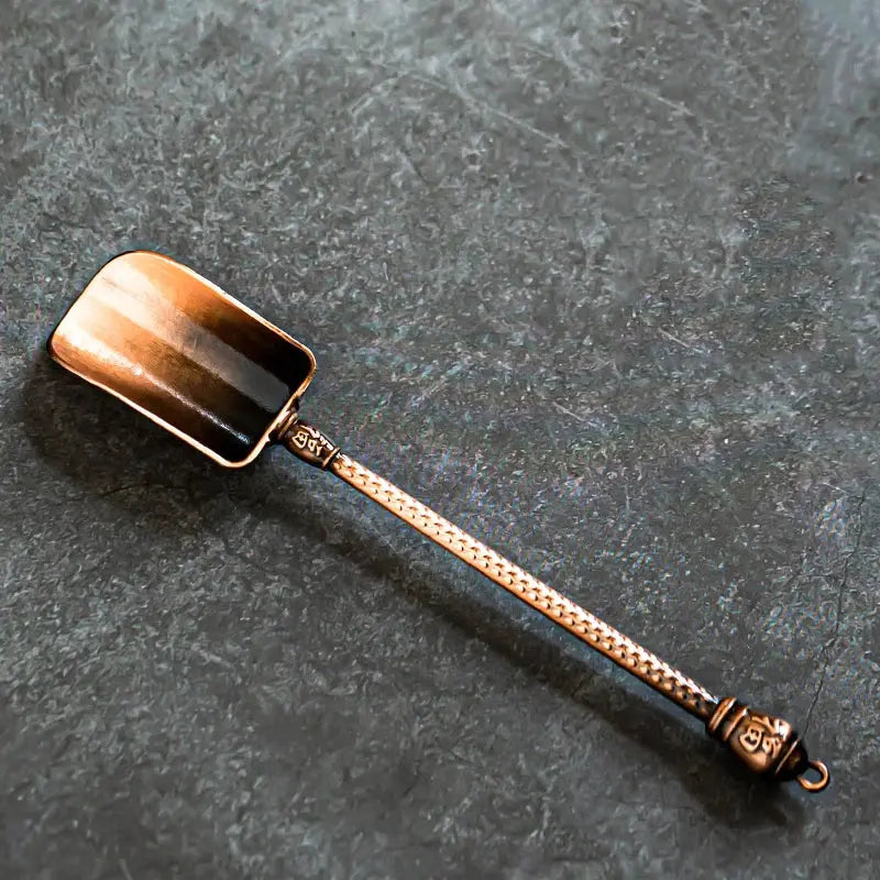 Cuillère thé bronze motif bambou chinois, accessoire précis élégant plateau cérémonie zen