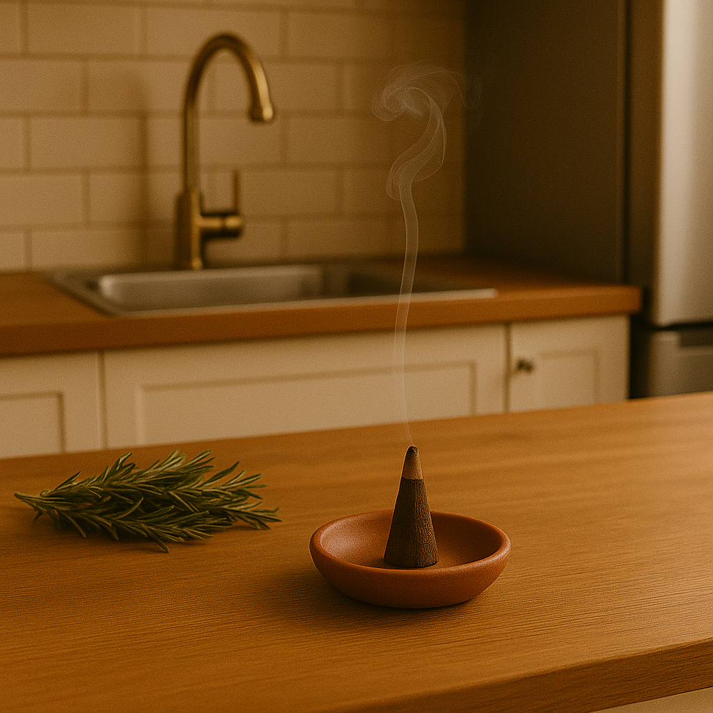 Cuisine chaleureuse avec plan de travail en bois, cône de Palo Santo fumant dans un porte-encens en terre cuite et brin de romarin près de l’évier