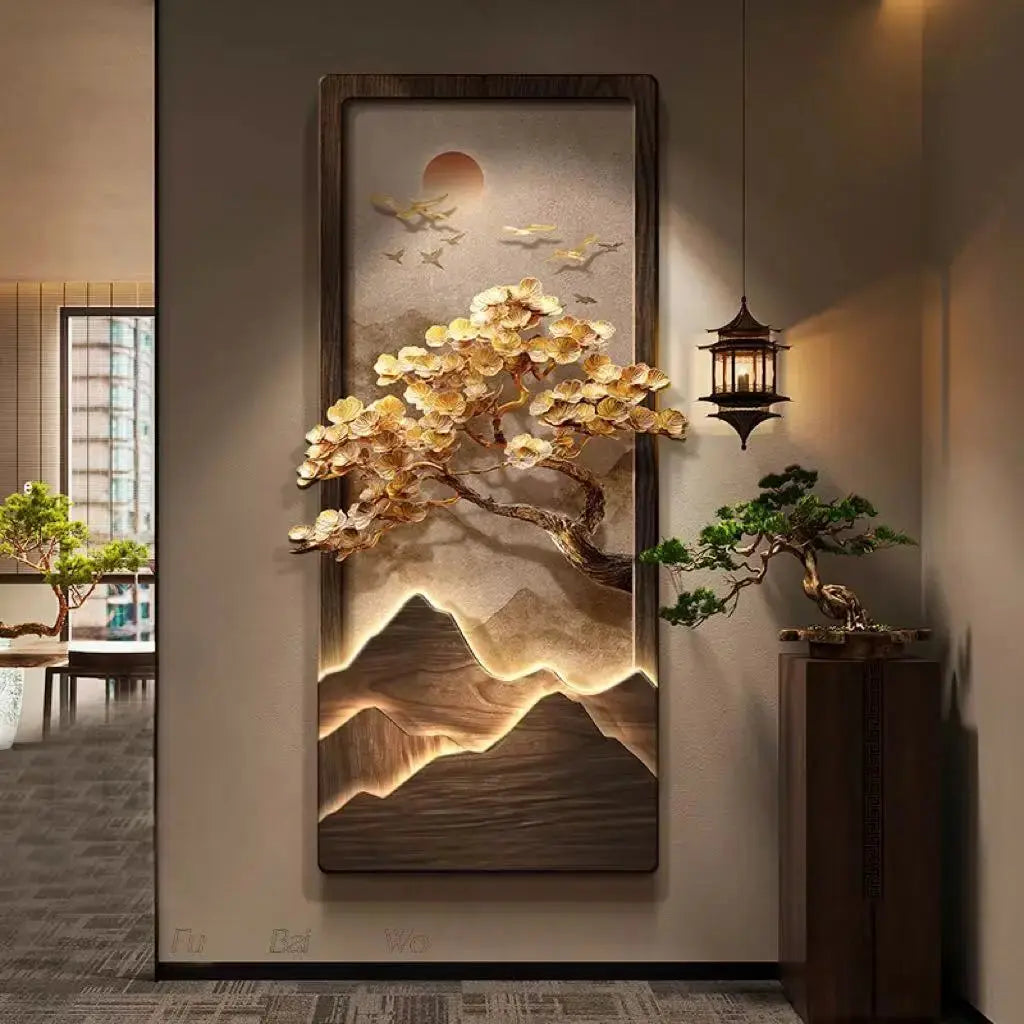 Décoration murale japonaise LED avec arbre doré