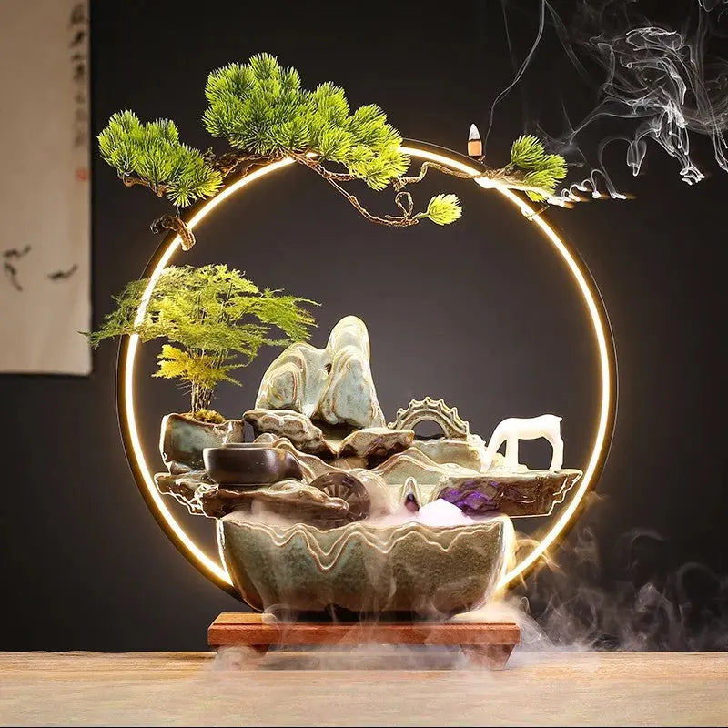  fontaine zen avec éléphant et anneau lumineux