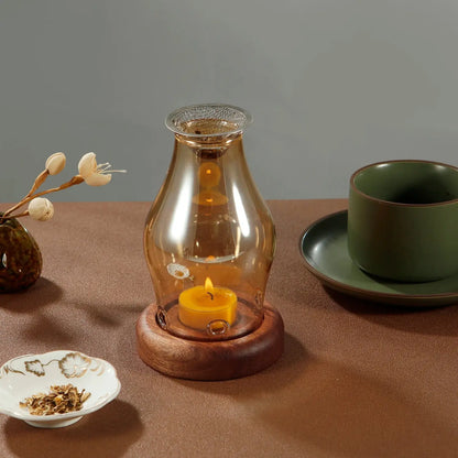 Diffuseur arômes à bougie en verre et bois, chaleur douce pour herbes et huiles essentielles
