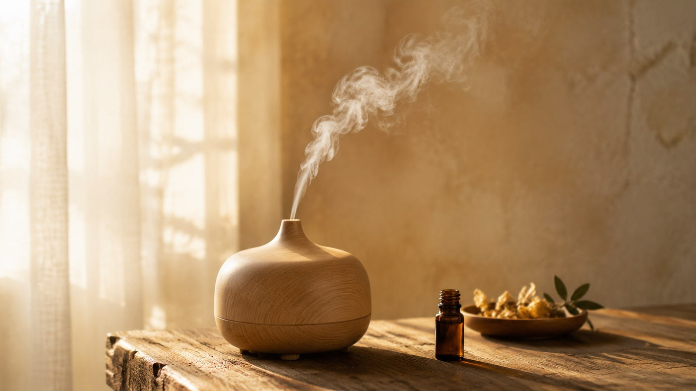 Diffuseur d'huiles essentielles en bois clair avec brume blanche, flacon d'huile ambré et fleurs séchées sur table en bois, ambiance zen lumière dorée