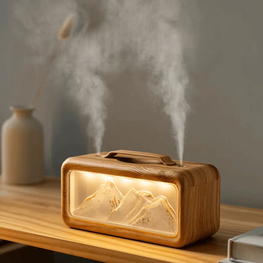 Diffuseur ultrasonique double brume USB, design montagne enneigée veilleuse lumière chaude