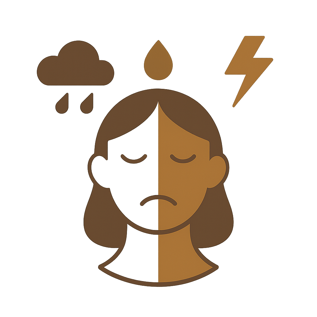 Icône minimaliste brun et beige représentant un visage stylisé avec nuage, goutte et éclair pour symboliser les émotions.