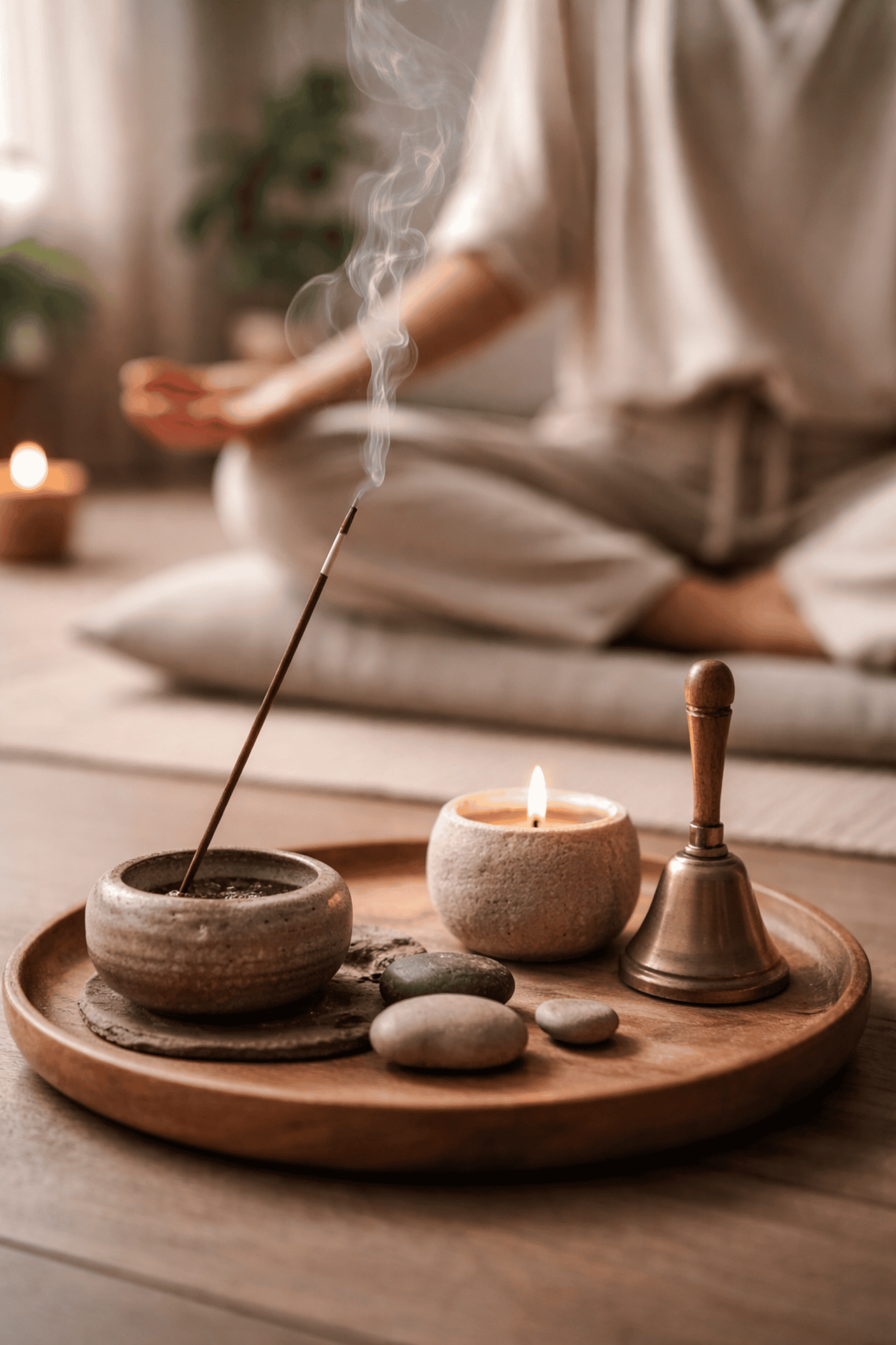 Bâton d’encens allumé lors d’un rituel de méditation, favorisant la concentration et le recentrage.