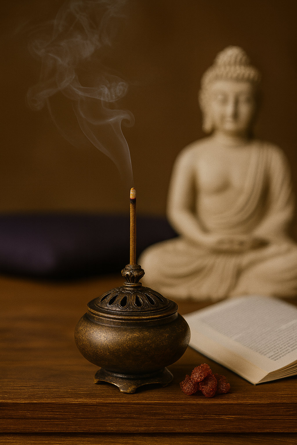 Encens Nag Champa et oliban brûlant dans un brûleur traditionnel avec statue de Bouddha et livre pour la méditation.