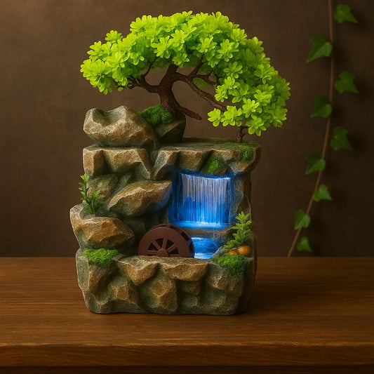 Fontaine décorative bonsaï avec cascade lumineuse bleue et roue à eau, éclairée vivement sur fond sombre chaleureux.