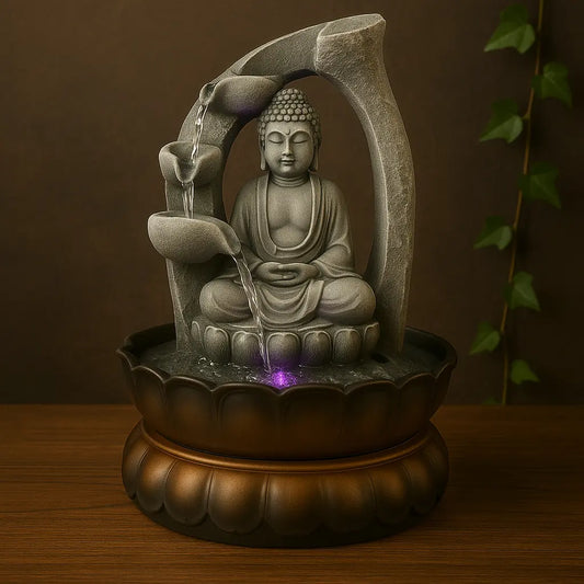 Fontaine décorative Bouddha en méditation avec cascade d’eau et lumière LED violette, posée sur table bois avec fond sombre chaleureux.