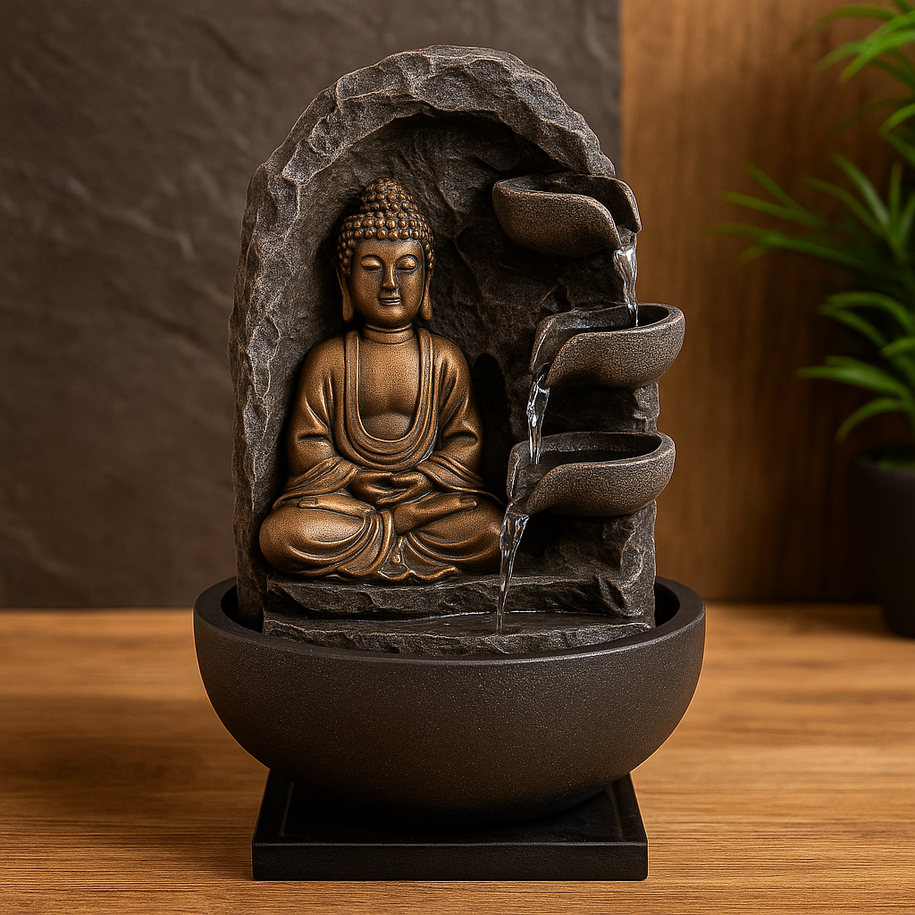 Fontaine d’intérieur bouddha zen avec cascade d’eau en pierre, fond ardoise et bois naturel, décoration apaisante