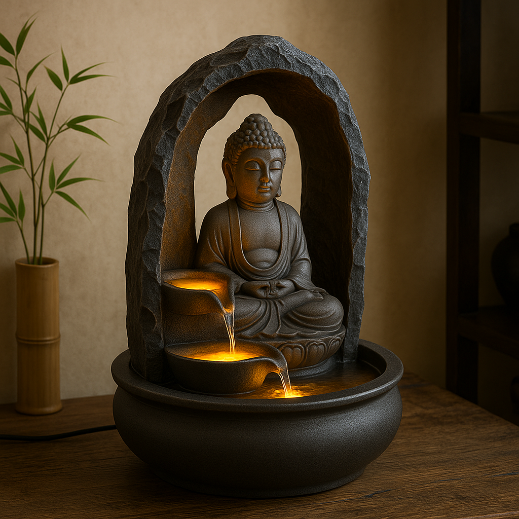 Fontaine bouddha zen d’intérieur en pierre avec bambou décoratif et ambiance chaleureuse sur fond beige