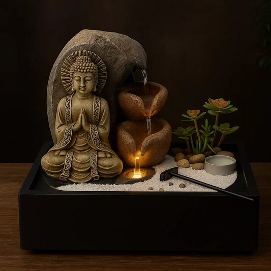 Fontaine zen décorative avec Bouddha priant, cascade d’eau et jardin miniature avec sable blanc, râteau et plante artificielle, posée sur table bois avec fond sombre.