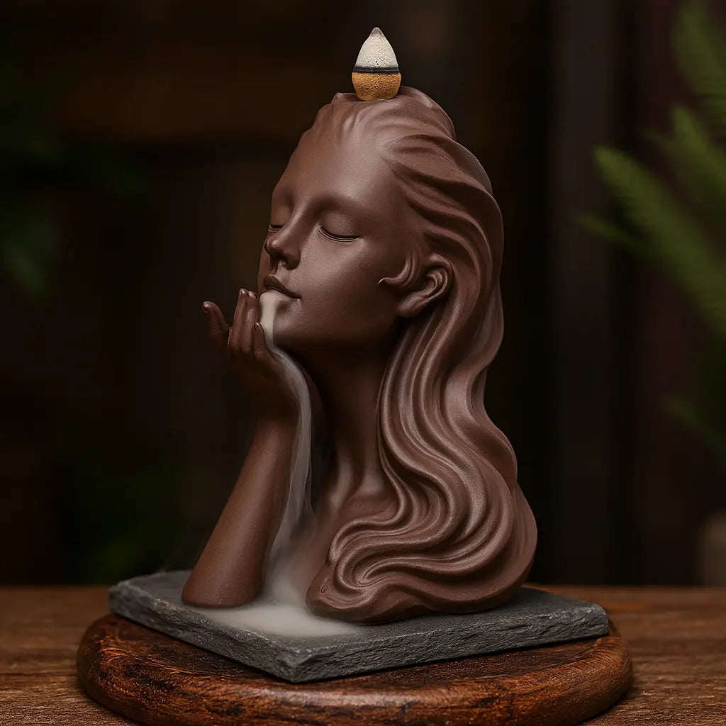 Fontaine d’encens en forme de buste féminin, cheveux ondulés, sur ardoise sombre avec fond bois et végétal chaleureux, éclairage intense