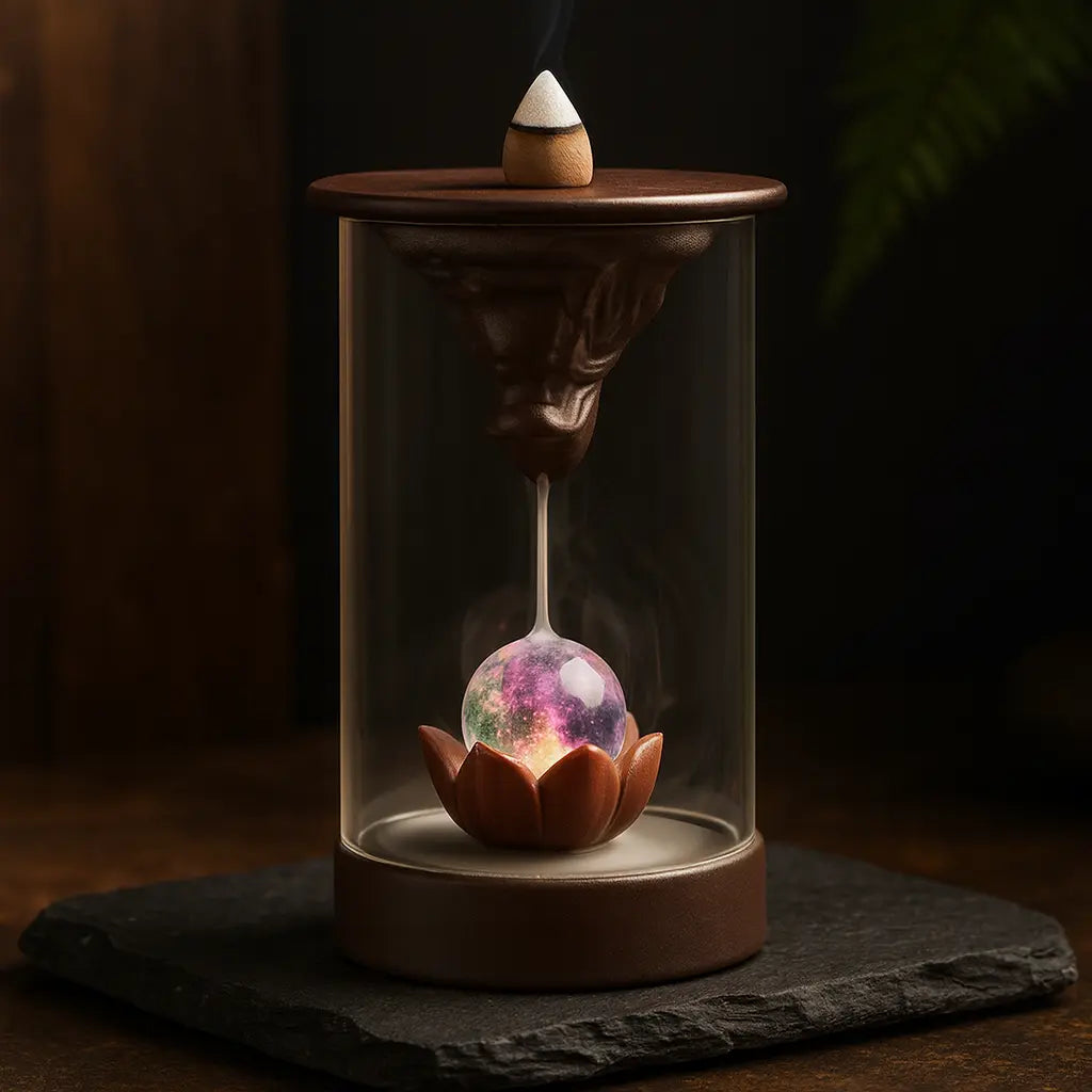 Fontaine d'encens en verre avec sphère cristal suspendue sur base lotus, posée sur ardoise noire, éclairage chaleureux et fond bois sombre