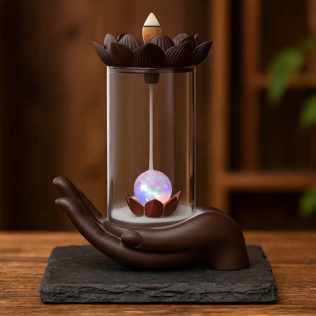 Fontaine d’encens en forme de main tenant un lotus avec sphère lumineuse, sur ardoise sombre et décor bois-végétal chaleureux