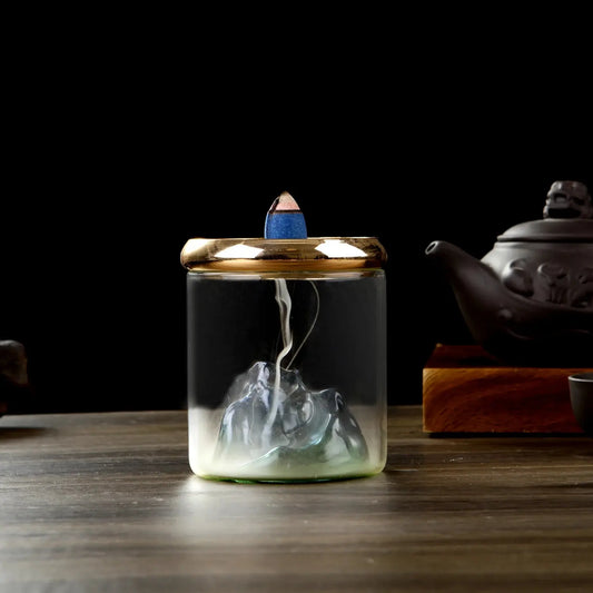 Fontaine d'encens montagne en verre et métal doré, brûleur reflux cônes à cascade zen