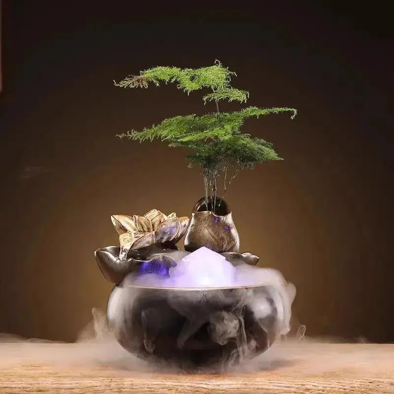 Fontaine zen avec plante décorative intégrée