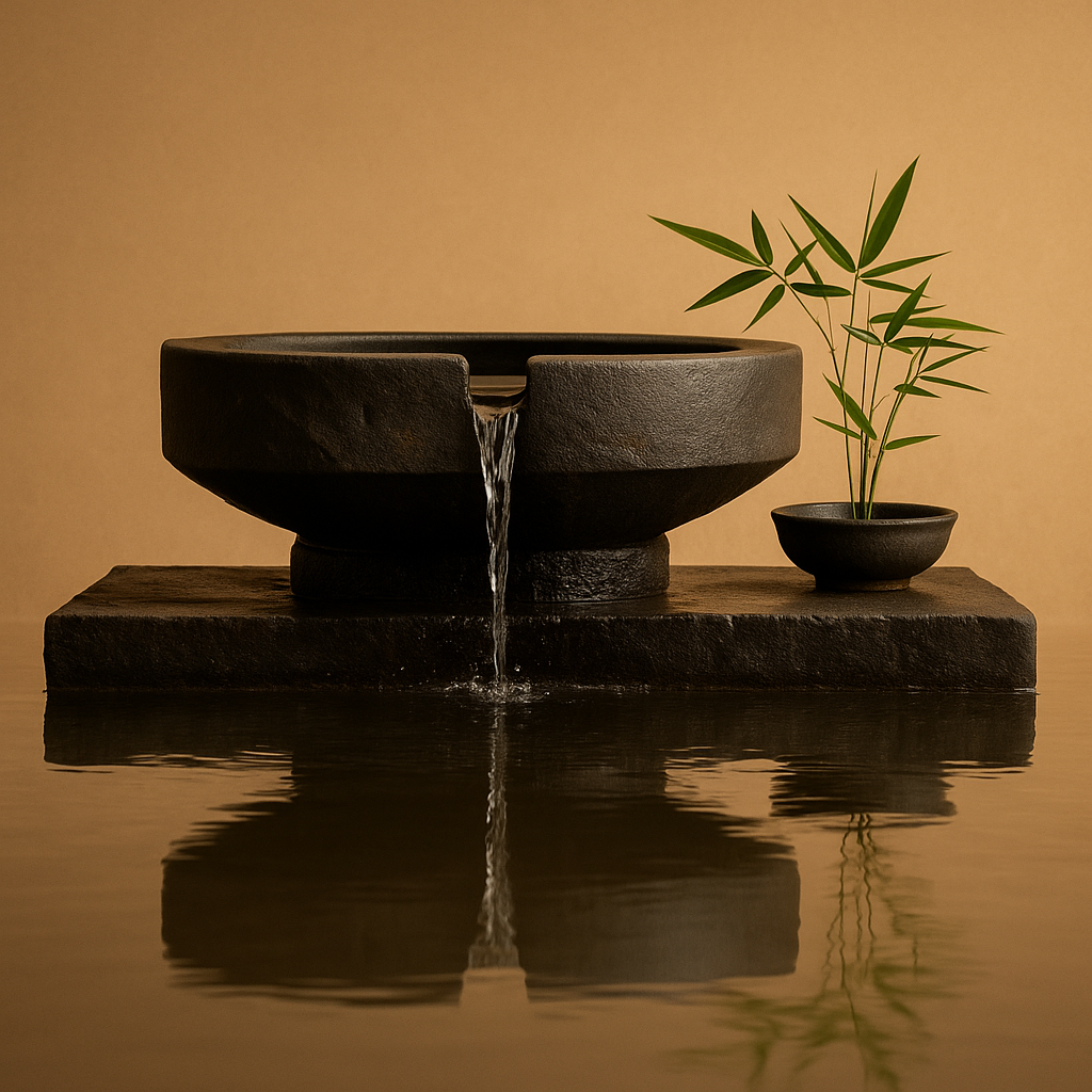 Fontaine zen d’intérieur en pierre noire avec bambou décoratif sur fond beige chaleureux et reflet dans l’eau