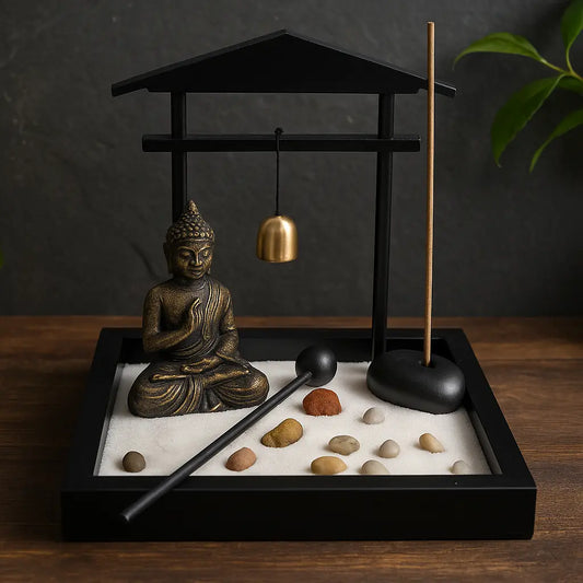 Jardin zen miniature avec statue de Bouddha, cloche suspendue, bâton d’encens et sable blanc décoré de pierres, présenté dans un cadre noir sur table en bois sombre