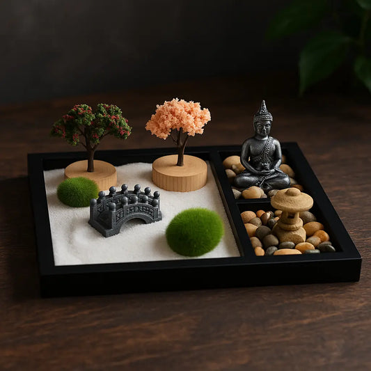 Jardin zen miniature avec statue de Bouddha, pont, lanternes, arbres décoratifs et sable blanc, présenté dans un cadre noir sur table en bois sombre