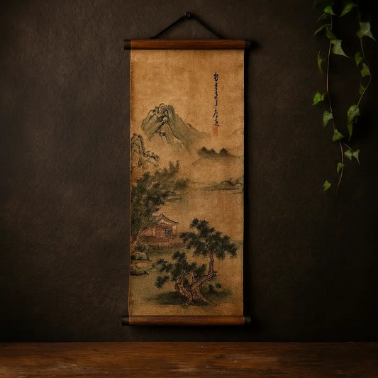 Kakemono chinois avec calligraphie et paysage traditionnel, suspendu sur mur sombre avec lumière chaleureuse.