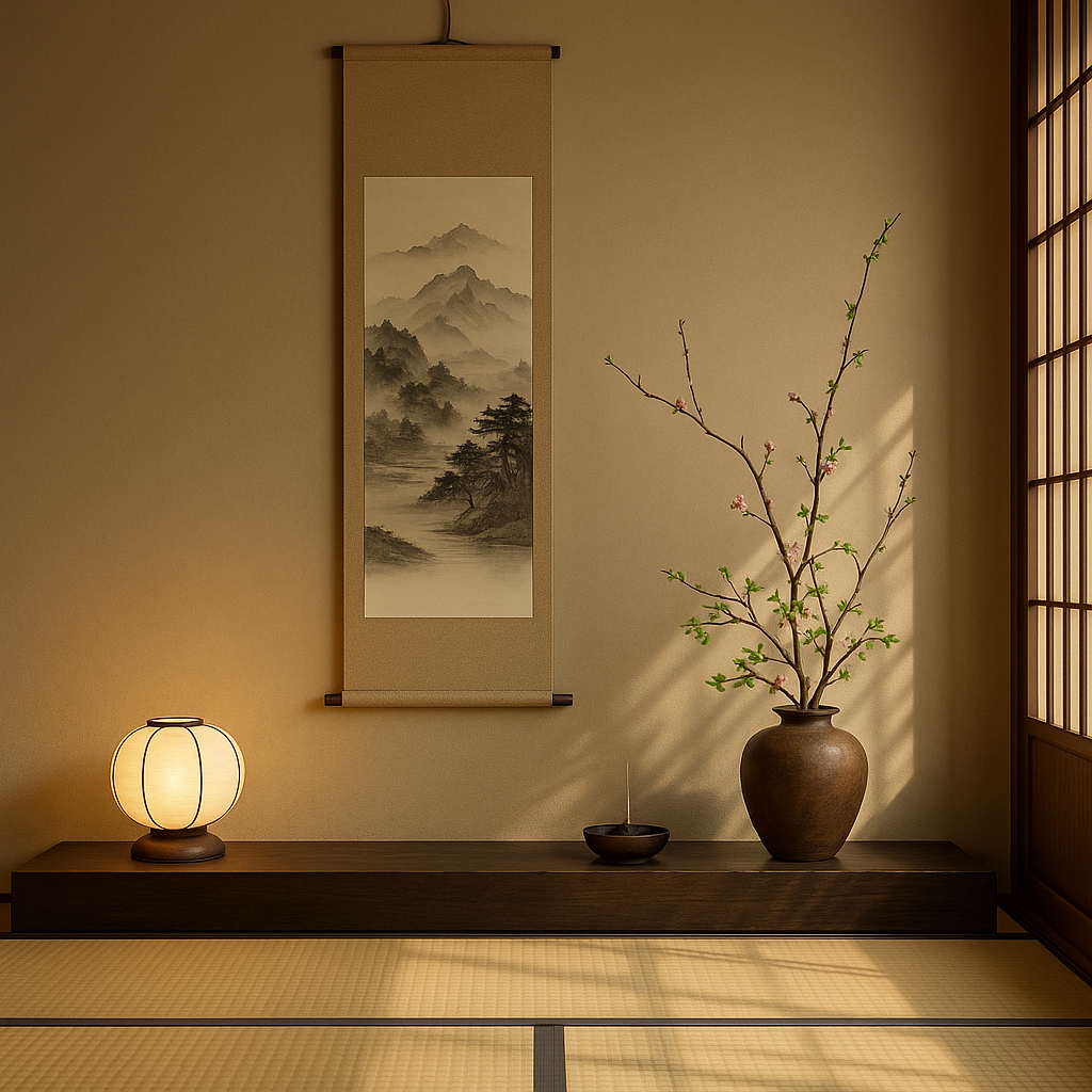 Décoration murale japonaise avec kakemono traditionnel et fleurs, ambiance zen et élégante