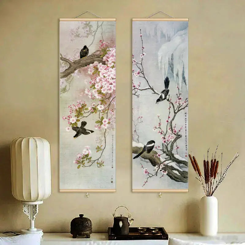 Kakemono japonais décoratif oiseaux et fleurs