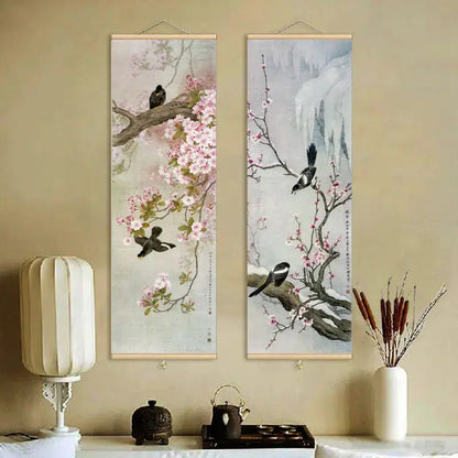 Kakemono japonais décoratif oiseaux et fleurs