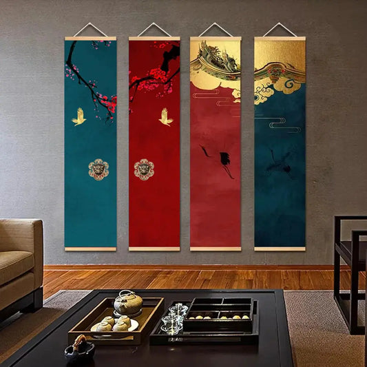 Kakemono japonais avec grues et fleurs de cerisier